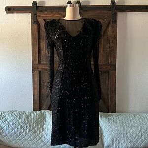 Scala black long sleeve beaded formal elegant cocktail dress